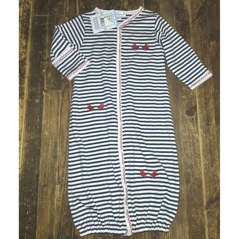 Kissy Kissy NWT Blue & White Stripes W Crab Beach Pima Cotton Convertible Gown S